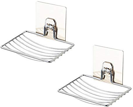 Sturdy Soap Dish Holder, 2 Pack Self Adhesive Wall Mounted Soap Sponge Holder Stainless Steel Storage Saver Rack for Home Kitchen Bathroom Shower (Silver)