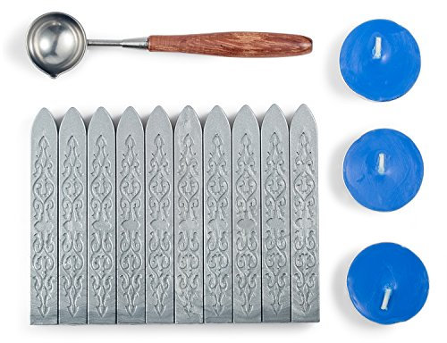 Mceal Siegellack-Set mit nicht-dochtigem Magic Arrow-Siegellack, Retro-Rosenholzgriff, Wachssiegel-Löffel und Kerzen, 14 Stück (Silbergrau)