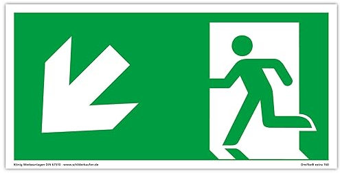 Schild Notausgang | extra langnachleuchtend | PVC selbstklebend 297x148mm | gemäß ASR A1.3 DIN 7010 DIN 67510 | Notausgangsschild Links schräg abwärts | Fluchtweg Rettungsweg | Dreifke® extra 160