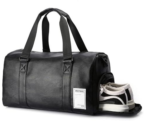 UBAYMAX Leder Sporttasche für Herren, Reisetasche mit Schuhfach und Nassfach, 37L Weekender Tasche Handgepäck Trainingstasche Fitnesstasche, Gym Bag Schwarz