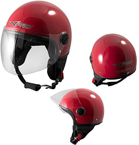 Casque Moto Scooter Vintage Jet Visiere Longue Approuvé ECE 22 Rouge M