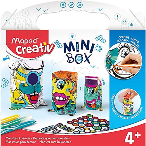 Maped Creativ - Mini Box Activités Manuelles Enfants - Kit de 3 Monstres en Papier à Décorer + 6 Feutres + Stickers - Loisirs Créatifs Enfants dès 4 Ans