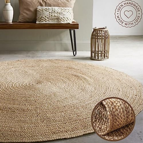 Juteteppich, rund, handgewebt, Jute, Beige, geflochten, Boho-Teppich, für Wohnzimmer, Outdoor, Schlafzimmer, Küche, Eingang, Bauernhaus, Flur, rustikaler Vintage-Stil, natürlich, wendbar