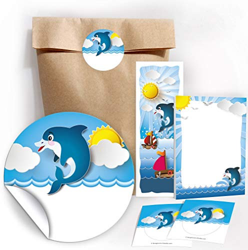6 Lesezeichen + 6 Mini-Notizblöcke + 6 Geschenktüten/Natur + 6 Aufkleber Delfin Mitgebsel Gastgeschenk beim Kindergeburtstag Mädchen Jungen