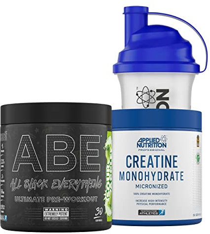 Applied Nutrition Bundle ABE Pre Workout 375g + Creatine 250g + 700ml Protein Shaker | All Black Everything Pre Workout Powder, Energy & Performance with Creatine, Beta Alanine (Sour Apple)