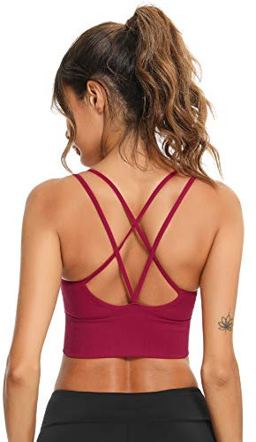 Sykooria Sport BH Damen Gepolstert Bustier Ohne Bügel Spaghettiträger Cross Back Design Push Up Sport Bra Top für Yoga Fitness, Weinrot XL