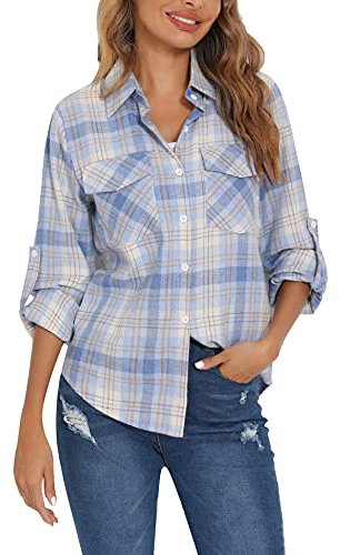 Enjoyoself Chemisier Carreaux Femme 100% Coton Chemise Bucheron Western Décontractée Classique Retro Ecossaise Coton Flanelle Blouse Gilet T Shirt Casual Vintage,Bleu Clair,M