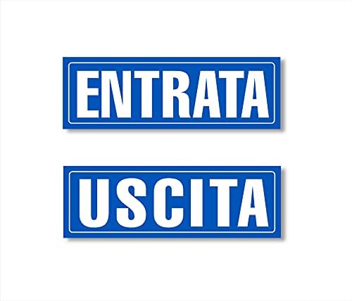 Cartelli adesivi Entrata - Uscita - grandi, mis. 30x10 cm, in PVC Morbido, per Porte ingresso negozio, Colore Blu, impermeabili, lavabili, 2 pz.