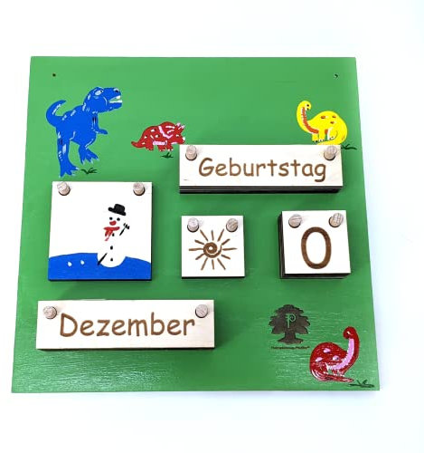 Holzkalender - Kalender für Kinderaus mit Name (Dino grün)