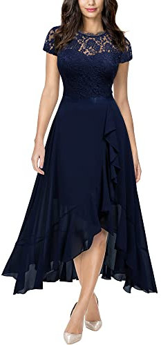 MIUSOL Women's Elegant Floral Lace Ruffle Evening Formal Wedding Guest Party Maxi Dress (Large, Navy Blue)