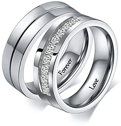 Beydodo Paarringe für Sie und Ihn, Personalisiert Ringe Edelstahl Set Forever Love 6MM mit Zirkonia Bandringe Damen Gr.62 (19.7)+Herren Gr.57 (18.1), Partnerringe Freundschaftsringe Silber