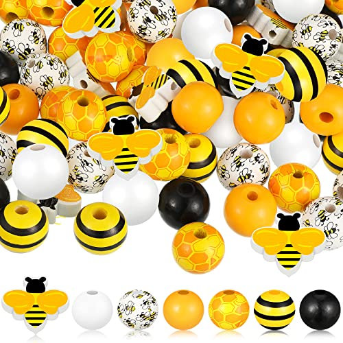 Chunful 190 Stück Bienenholzperlen gelb schwarz Bienenwaben Holzperlen 16 mm poliert Farmhouse Spacer Charms mit 20 m Seil für Sommergirlande Handwerk Herstellung DIY gestufte Tablett Party Dekor