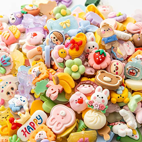 Slime Charms Cartoons Charms süßes Set – verschiedene Cartoons Kawaii Charms Harz flache Rückseite niedliche Sets für DIY Bastelarbeiten, Dekorationen, Scrapbooking, Haarspangen, 80 Stück