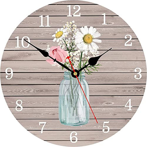 Toudorp Large Wooden Kitchen Wall Clock, 12 Inch Unusual Flowers in Bottle Clocks, Vintage Shabby Chic Silent Battery Wall Clocks for Living Room Bedroom Bathroom Office