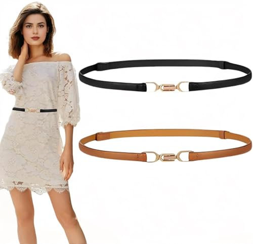 UICCVOKK Taillengürtel Damen Gold, Gürtel Damen Schmal LedergüRtel mit Gold Metallschnalle Verstellbarer DüNner GüRtel ZiergüRtel Damen füR Kleid, RöCke, AnzüGe，Hemd（Braun, Schwarz