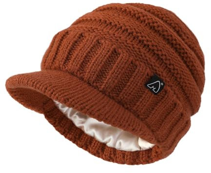 Hat Hut Unisexe Bonnet d'hiver avec Visière - Bonnet Doublé de Satin pour Cheveux - Casquette Hiver Chaud Bonnet tricoté pour Femmes et Hommes (FR/ES, Alpha/Lettres, Taille Unique, Orange Foncé)