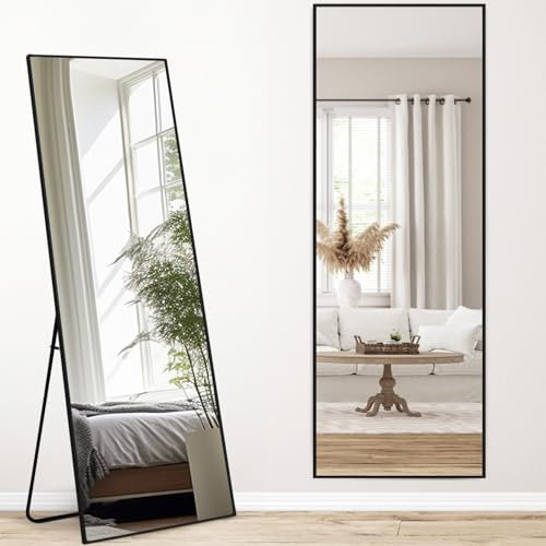 Melodieux Ganzkörperspiegel 161x52cm in voller Länge Großer Freistehender Spiegel Schwarzer Aluminiumrahmen Ankleidespiegel Wandmontierter Wand Hängend Gelehnt Spiegel für Wohnzimmer Schlafzimmer