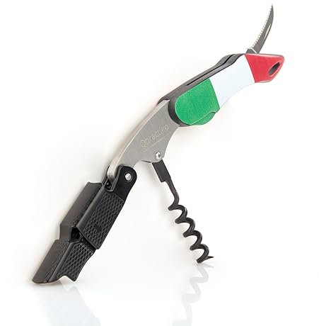Qpractiko - Cavatappi Professionale a Due Tempi | Spirale in Teflon per Apertura Facile | Acciaio Inossidabile e Plastica ABS | Uso Domestico e Professionale | Bandiera Italia | 89g