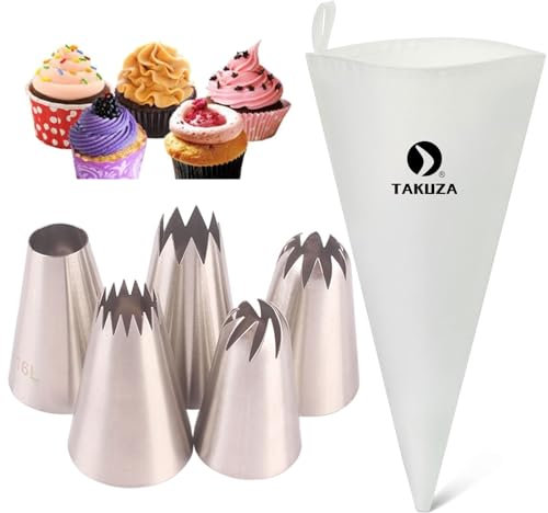 TAKUZA Lot de 6 poches à douille douilles professionnelles - Réutilisables - Grandes douilles poches à douille - 5 douilles en acier inoxydable - Grandes douilles gâteaux, tartes, GT-0001