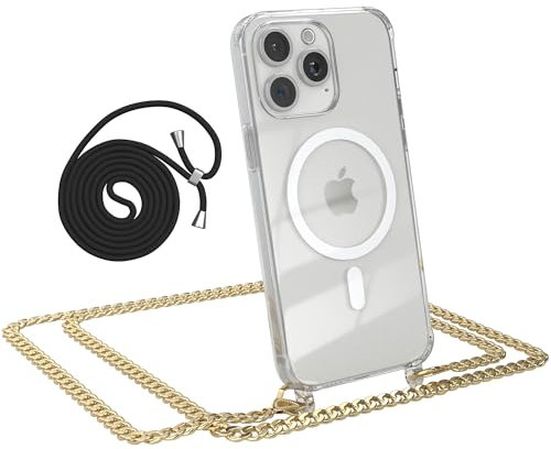 EAZY CASE - Handykette kompatibel mit iPhone 15 Pro Max Kette zum Umhängen Stoßfest Handyhülle für iPhone 15 Pro Max Silikon Hülle mit Band aus Metall Transparent als Fallschutz in Metall - Gold