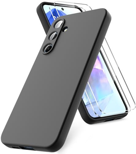 Vansdon Funda Compatible con Samsung Galaxy A55 5G, 2 Unidades Protector Pantalla Cristal Templado, Silicona Líquida Gel Ultra Suave Funda- Negro
