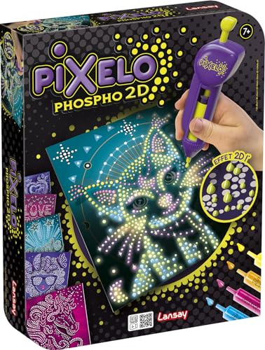 Lansay - Pixelo Phospho 2D - Set mit 8 Leuchtmotiven - Ab 7 Jahren | Punktmalerei - 1 Elektronischer Stift und Illustrationen Enthalten - Farben die Leuchten - Ruhiges Kreatives Basteln