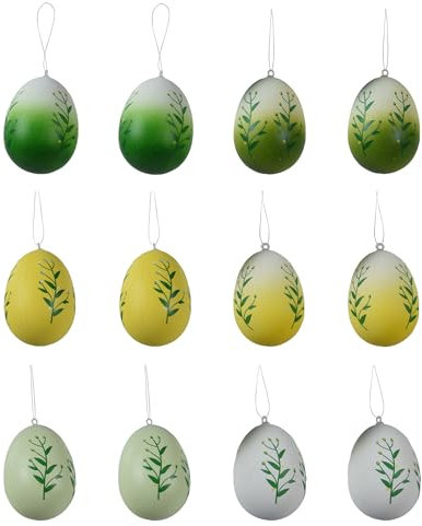 Ostereier zum Aufhängen 6cm 12 Stück - Plastikeier mit Aufhänger - Kunststoff Deko Eier für Ostern Frühling - Kunststoffeier als Osterdeko Hängedeko Frühlingsdeko bruchfest - Gelb Grün