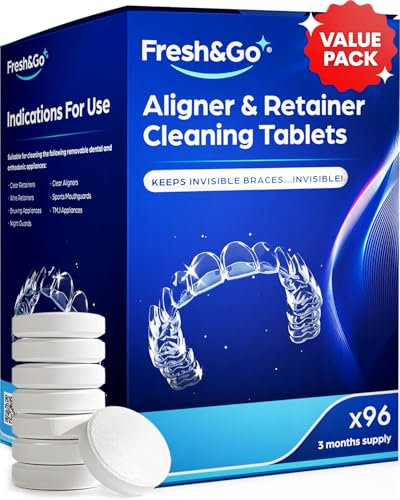 Fresh & Go® Retainer Cleaning Tablets - 3 Months Supply - 96 Tablets Fresh, Mint, Clean, Brite, Stain-Free - Eliminates Odour - Suitable for Dentures, Mouth Guards, Retainers, Aligners