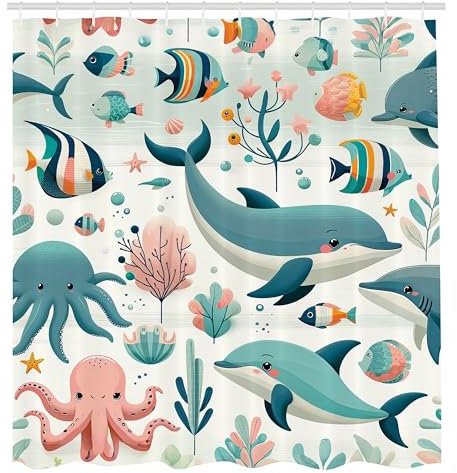 ABAKUHAUS Fisch Duschvorhang, Unterwasserfreunde in Pastellfarben Meerestier Cartoon Oktopus Delfin, Stoffliches Gewebe Badezimmerdekorationsset mit Haken, 175 x 180 cm, Kadettenblau Rouge Orange