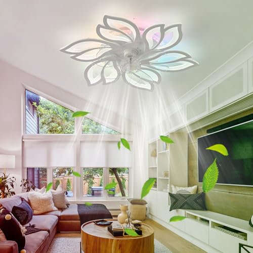 YFHKWJ Forme De Fleur Lustre Ventilateur De Plafond LED Avec Telecommande Silencieux Réversible 6 Vitesses Moteur Dc RGB Plafonnier Ventilateur Design for LED Réglable Chambre Salon Avec Lumière Memor