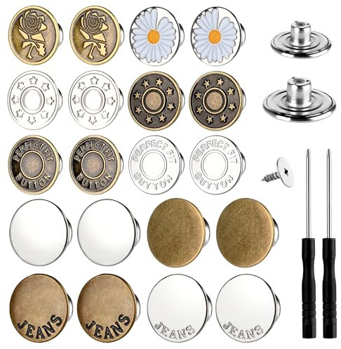 60 Sets Buttons for Jeans,17mm+20mm No Sew Metal Button Extenders for Jeans,10 Patterns Adjustable and Reusable Instant Jean Button Replacement Kits Include Combo Thread Rivets and Screwdrivers