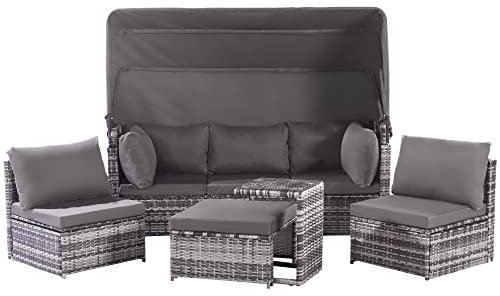 Azkoeesy Rattan Gartenmöbel Set 5-teilige Allwetter-Sofa-Set mit Sonnendach, Terrassenmöbel Patio Lounge Outdoor Sitzgruppe inkl. Kissen und Beistelltisch, Grau
