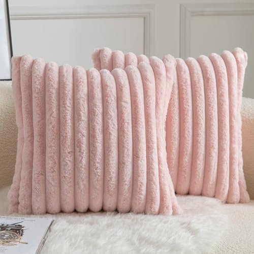 Mandioo 2er Set Kissenbezug gestreiftes Künstlich Pelz Superweich Kissen Flauschig Modern Kissenhülle Deko Sofa Wohnzimmer Schlafzimmer Kissenbezüge 50 x 50 cm Rosa