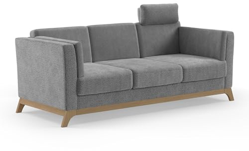 Cavadore 3er-Sofa Vida / 3-Sitzer Couch im trendigen Design mit massivem Holzrahmen in Buche, Kopfstütze mit Kuschelkissen / 213 x 84 x 93 / Chenille, Grau