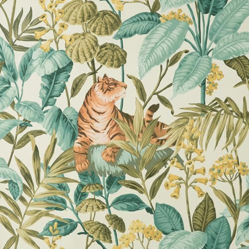 Floral Tiger Cream Wallpaper - Flowers Botanical Tropical Animal Print - Stylish Textured Vinyl Feature Wall