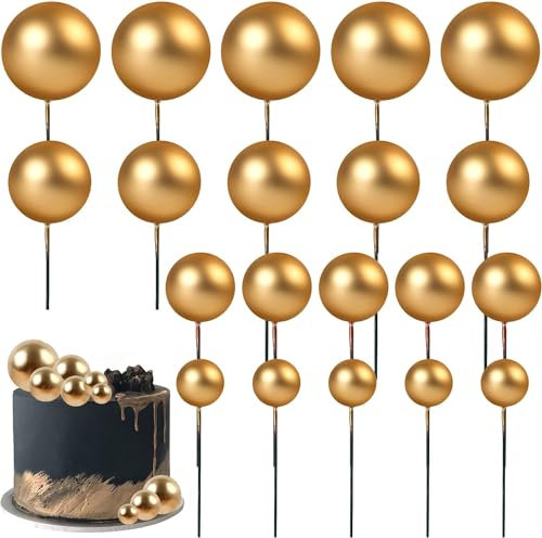 20Pcs Round Ball Cake Toppers Ball Cupcake Toppers Cake Decorations Bakeware Decorating Topper Sticks Mini Balloon Cake Insert Toppers for Anniversary Birthday Party Wedding Decor - Gold