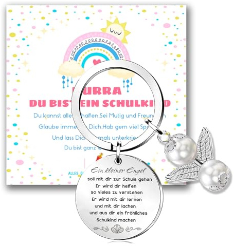 ENSTAB Schulkind Geschenk Schutzengel Schlüsselanhänger Glücksbringer Karte Geschenk zur Einschulung Einschulungsgeschenk Mädchen und Junge (Schulkind-Silber)
