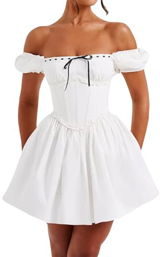 Miolasay Women Off Shoulder Puff Sleeve Dress Casual Solid Color Backless Corset Party A-Line Dress for Beach Summer Streetwear (A-Multicolor, S)