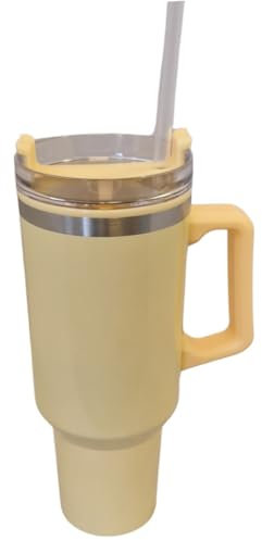 Travel Mug with Handle & Straw 40oz 1182ml Stainless Steel Leakproof Double Wall Vacuum Insulated Tumbler Thermos Cup Hot Cold Drinks Coffee On The Go (Yellow)