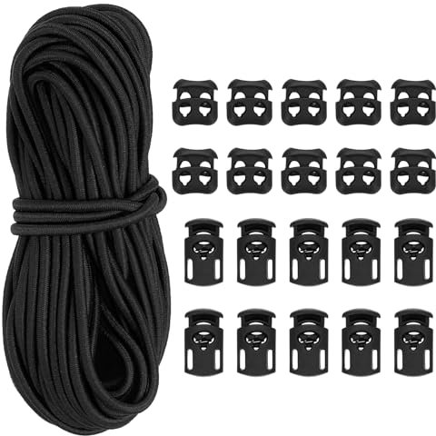 PATIKIL 16 Yard Elastic Bungee Cord & 10pcs Single Hole Cord Lock & 10pcs Double Hole Spring Toggle Stopper for Paracord Drawstring Shoelace Clothing Backpack Bags, Black