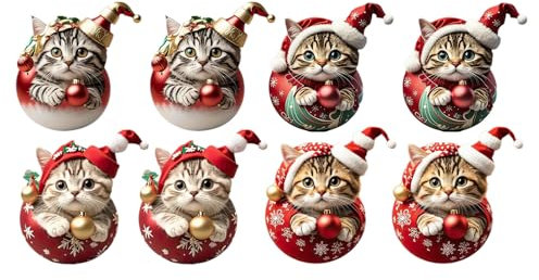 Pack of 8 Christmas Tree Cat Pendants, Acrylic Cartoon Cat Decorative Ornaments, Acrylic Christmas Tree Pendant, 2D Christmas Acrylic Cat Animal Ornaments for Christmas Tree Wall Window Car Decor