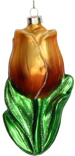 Christbaumschmuck Glas 10,2cm - Tulpe Blumen Figur zum Aufhängen - handbemalt & mit Glitzer - Weihnachtsbaum Anhänger für Weihnachten - Christbaumanhänger & Weihnachtsbaumschmuck - Blume Blüte Gelb