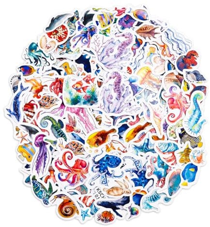 150pcs Ocean Sea Animal Stickers, Waterproof Under The Sea Fish Decals Colorful Marine Creature Labels for Party Favors Scrapbook Laptop Water Bottle Computer Craft Supplies Classroom Rewards