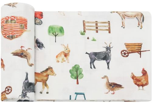 LifeTree Baby Pucktuch Musselin Tuch, 120x120cm Musselin Swaddle Decke Baby Bambus Baumwolle Swaddle Wrap für Junge und Mädchen, Nutztiere Design