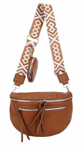 ITALYSHOP24 Damen Tasche Umhängetasche Brusttasche Muster Gürtel Bauchtasche Crossbody Gürteltasche Hüfttasche Crossover Bodybag Schultertasche Handytasche Leder Optik Cognac.M