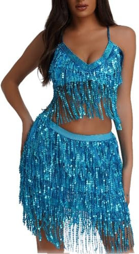 Damen Pailletten Rock Set Glitzer Fransen Kurz Tanzrock Zweiteiler mit Pailetten Quaste BH Oberteile Sexy Bauchtanz Hüftrock Karneval Party Festival Rave Kostüme für Frauen (Blue, M)
