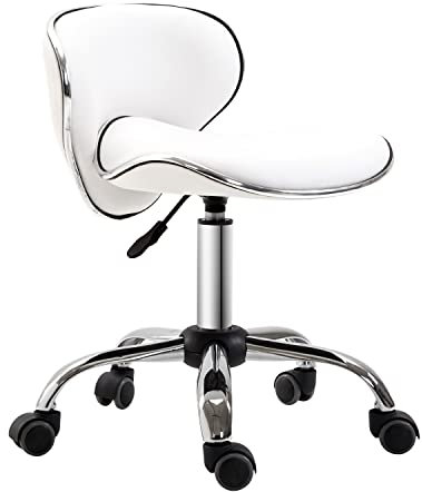 HOMCOM Tabouret à roulettes tabouret de travail avec hauteur réglable 44-56 cm et dossier, tabouret de bureau pivotant 360° pour salon de massage, bureau, clinique, blanc