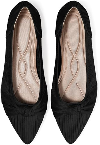 TINGRISE Women's Flats Shoes Comfortable Dressy Pointed Toe Knit Washable Ballet Flat Black 4UK