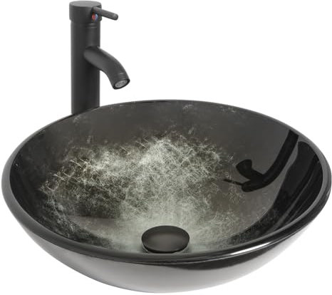 YU YUSING Lavabo Vasque à Poser Rond en Verre avec Ensemble de Robinets, Lave-Mains, pour Salle de Bain, Cuisine, WC d'invités, Bleu Vert Moderne, 42 x 42 x 14 cm