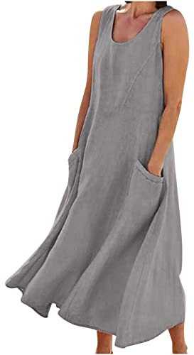 HAOLEI Robe Femme Cotton en Line Col en V sans Manches avec Poches Robes ÉTé Pas Cher Grande Taille Maxi Robe LâChe Couleur Unie BohèMe Mi-Longue Dress pour FêTer Vacances Plage SoiréE Mariage